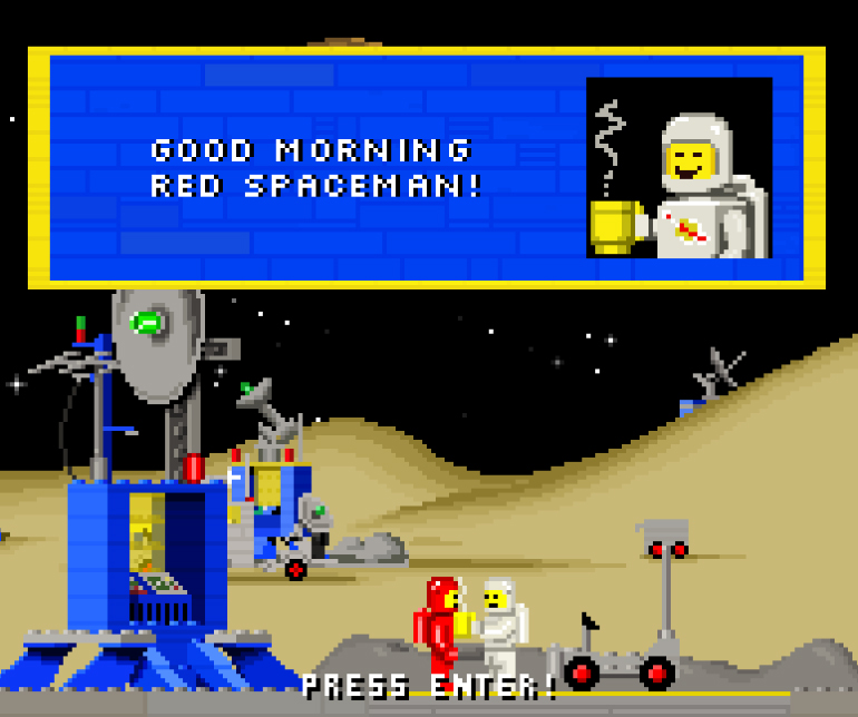 Lego Red Spaceman speaking to Lego Grey Spaceman